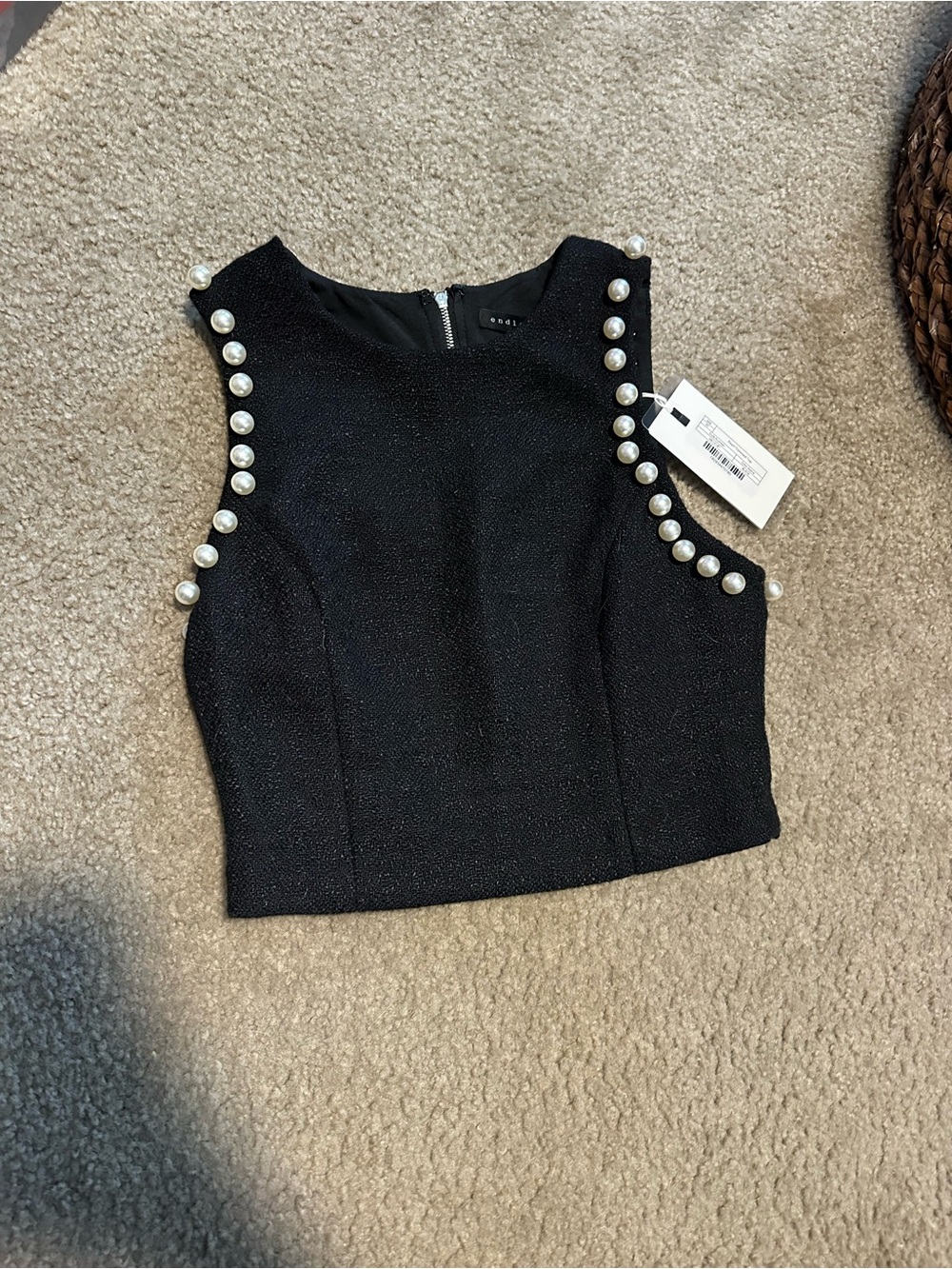 Endless Rose Black Pearl-Embellished Cropped Tank NWT